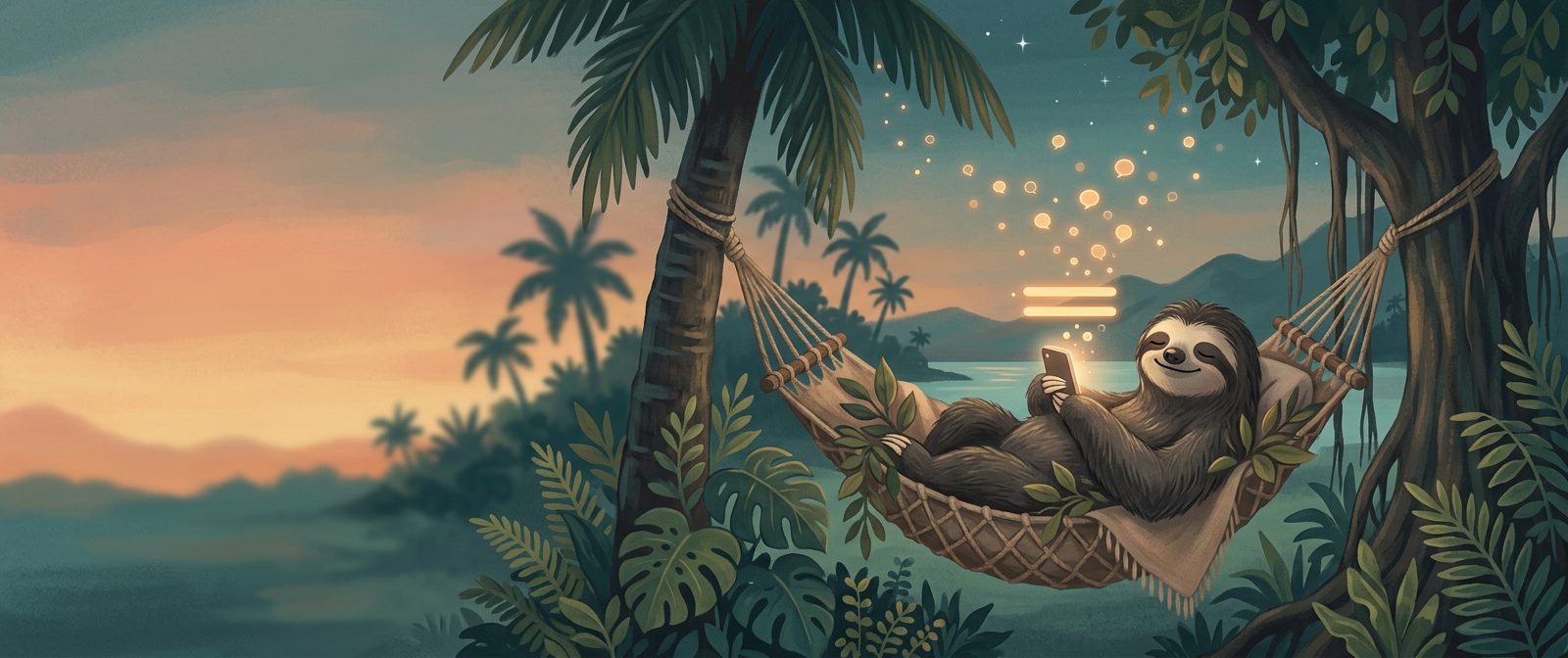 A sloth lying in a hammock at dusk while chat bubbles float away from its phone, leaving two glowing lines